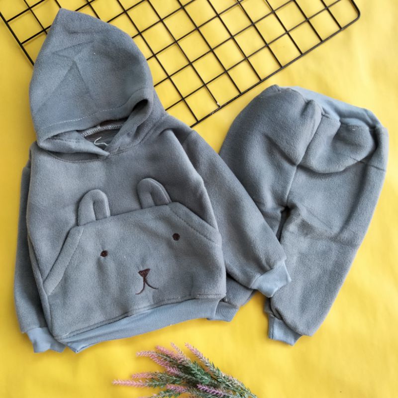 setelan sweater hoodie saku tebal lucu 6-18 bulan