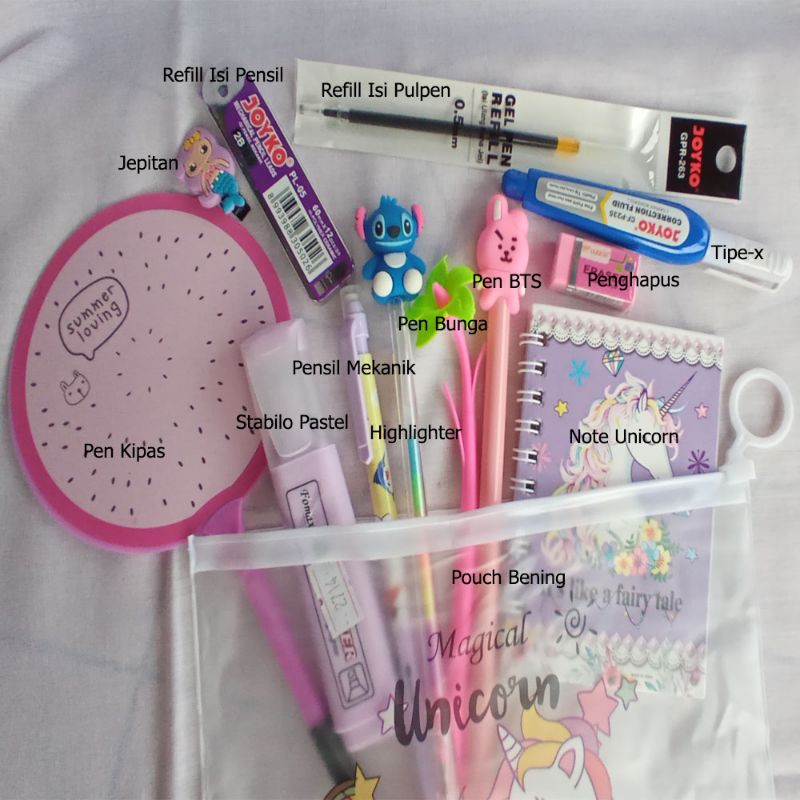 

Paket Set Lengkap Alat Tulis Sekolah Pensil Mekanik Pulpen Gel Karakter Pouch Unicorn Pen BTS Stitch