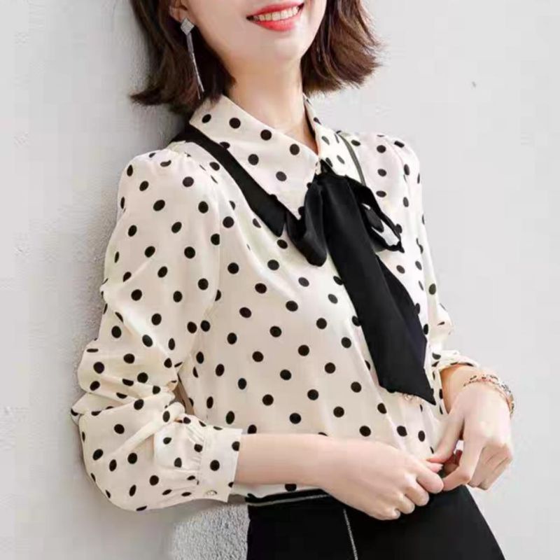 MDLV ~ 6845# Lilibeth Tie-neck Shirt Kemeja Polkadot Blouse Polkadot Atasan Polkadot Lengan Panjang Fashion Import