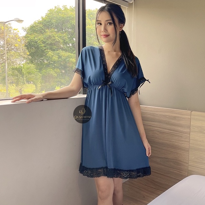 DeSecrettz EMILIA Lingerie Sexy Bahan Premium Spandeks Adem dan Lembut Di Kulit, Bisa Stretch, Bisa Untuk Small Size Sampai Big Size, Sexy Lingerie Model Babydoll, Premium Sleepwear, Pakaian Dinas Depan Suami, Baju Tidur Sexy, Baju Haram Sexy, Bisa COD-Azure Blue