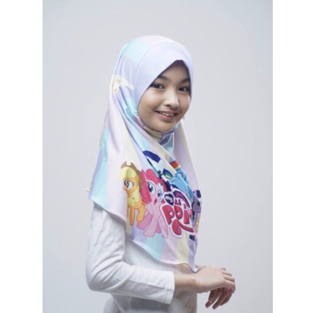 BERGO HIJAB INSTANT PRINTING MOTIF LITTLEPONY , HIJAB INSTANT ANAK LUCU KARAKTER , JILBAB ANAK LUCU