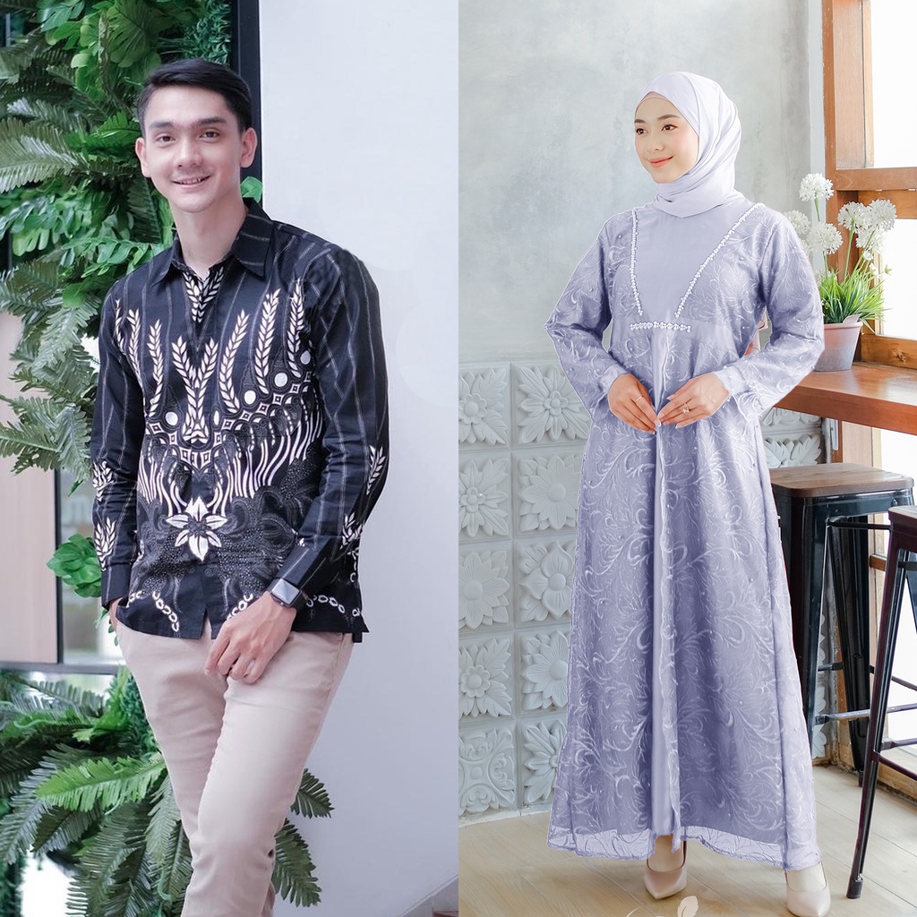 Couple Gamis Batik Lisa Maroon Terbaru - Maxi Dress Pesta Modern Lengan Panjang Premium - Gamis Muslim Couple Batik Kekinian Ada Keluarga