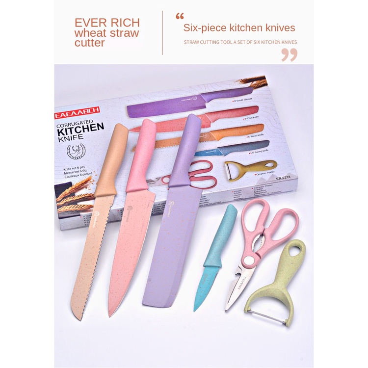 Pisau Dapur Set isi 6 pcs Multicolor UKURAN BESAR / Pisau Jerami Stainless Steel