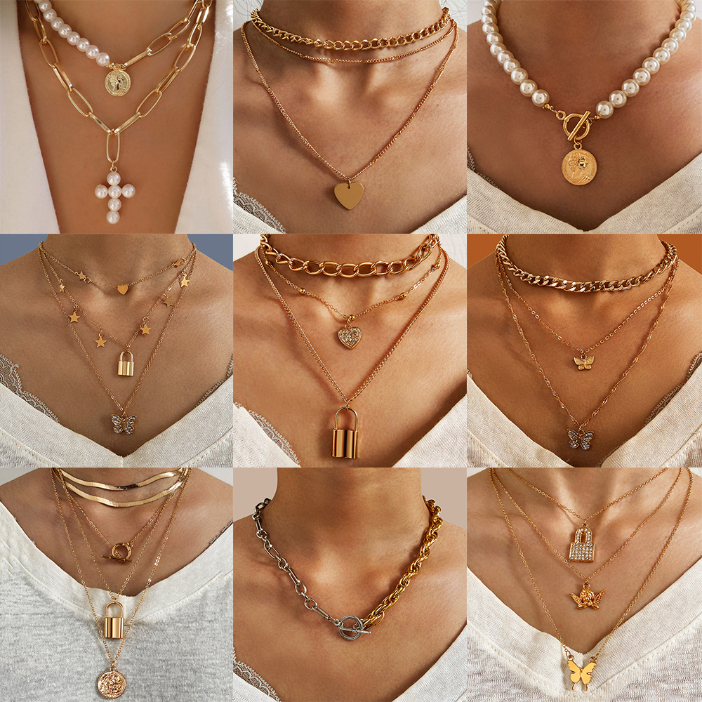 Korean Personality Lock Butterfly Pearl Pendant Multilayer Chain Choker Fashion Retro Bohemian Gold Necklace Jewelry Accessories Gift