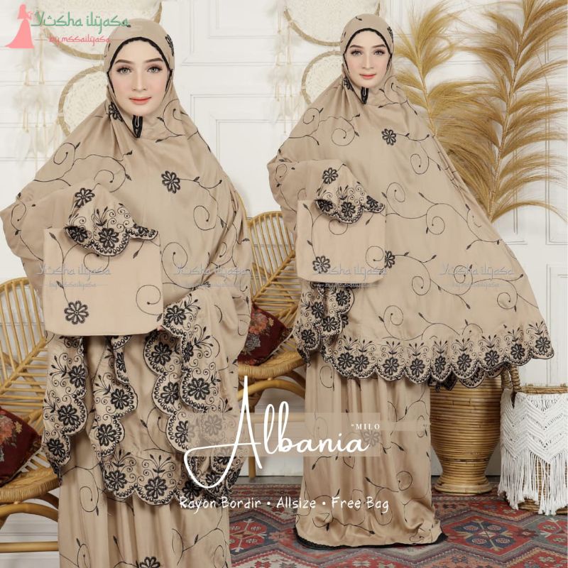 MUKENA DEWASA ALBANIA BAHAN RAYON BORDIR JUMBO ADEM NYAMAN