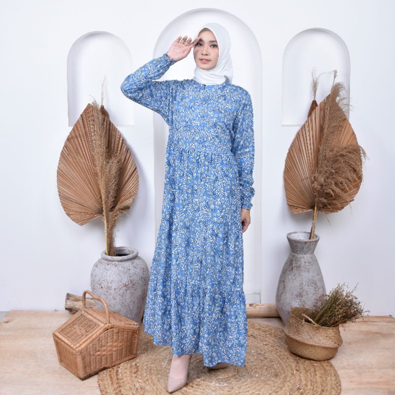 Gamis Rayon Premium Motif Kembang Home Dress Rempel Susun Tiga Resleting Depan Model Terbaru Ada Tal