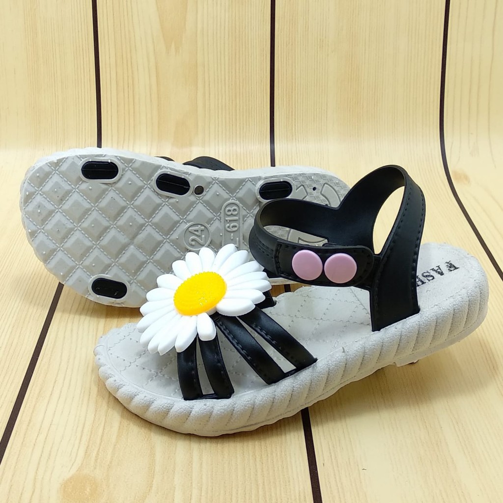 Sendal Anak Perempuan Usia 3 4 Tahun IMPORT HITAM - Sepatu Sandal Anak Cewek Elastis Motif Bunga Size 27 - 29 Karet Anti Licin