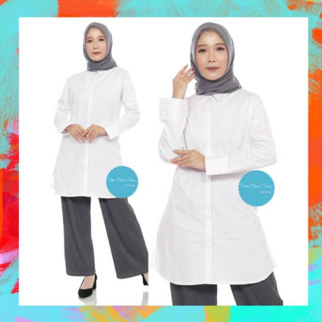 Kemeja putih polos tunik muslimah bahan katun steet tebal, adem   tidak  nerawang  ukuran XL XXL 4L