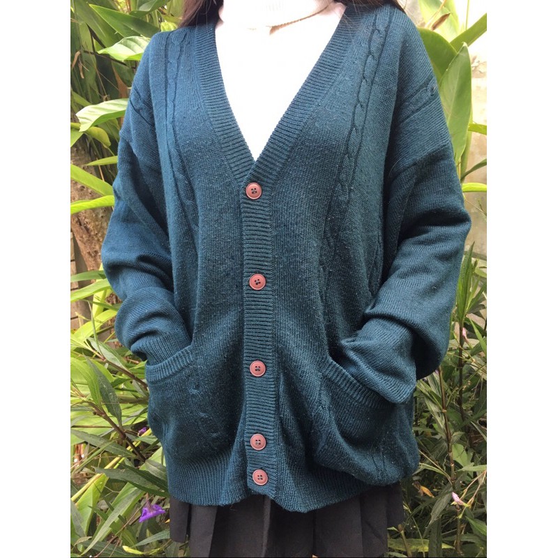 Cardigan rajut kepang cable knit academia uniform korea / cardi hijau tua olive army