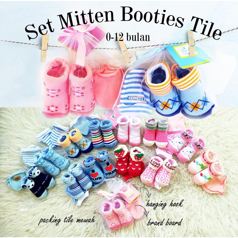 SET MITTEN BOOTIES TILE / SET SARUNG TANGAN BAYI DAN KAOS KAKI SEPATU BOOTIES BABY KEMASAN TILE