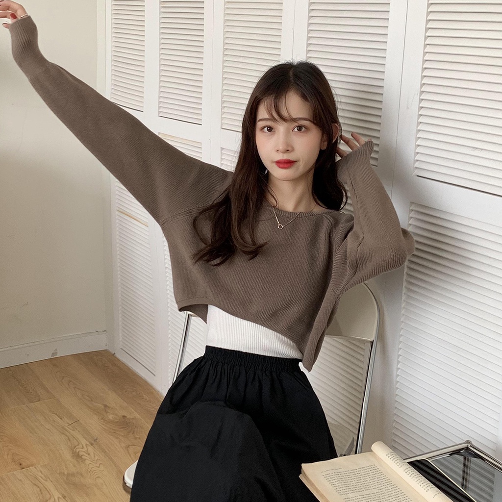 Kaos Rajut Lengan Panjang Wanita Korean Style Knit Crop Top Baju Sweater