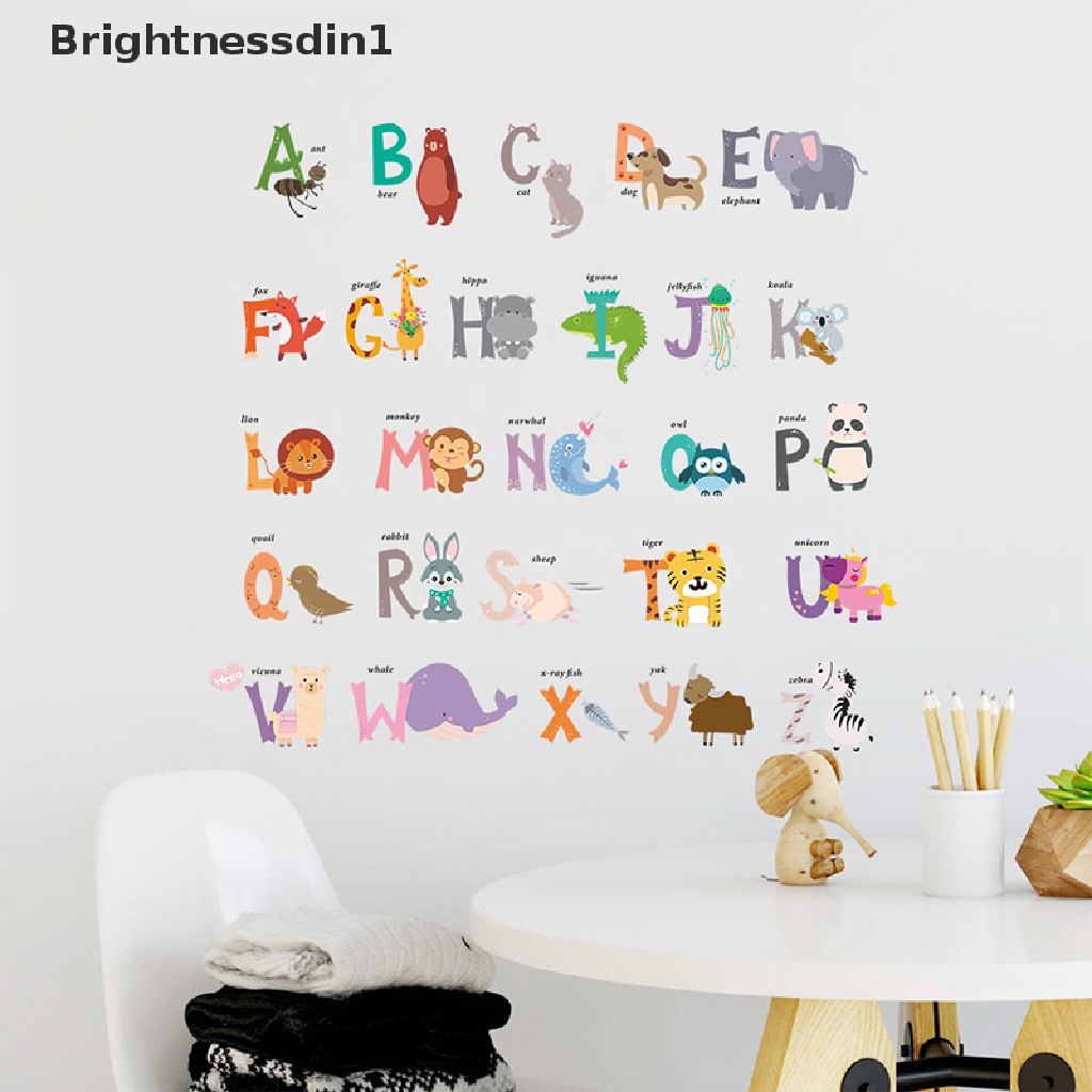 (Brightnessdin1) Stiker Dinding Motif Kartun Hewan Hutan 26 Huruf Alfabet Untuk Dekorasi Kamar Anak