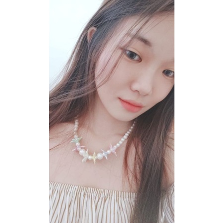 Deandra Flower Pearl Necklace Kalung Mutiara Korea Aksen Kelopak Bunga Warna Warni Korean Pearl Choker Necklace