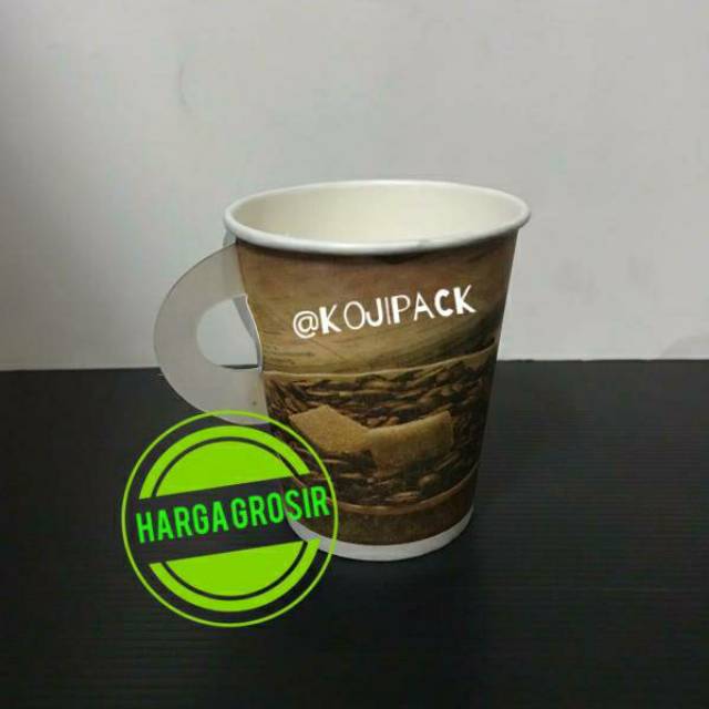 Paper cup corak handle pegangan + lid hitam gelas kertas 9 oz kopi teh panas