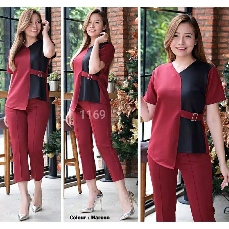 SETELAN YULI XL WANITA SET WANITA FASHION 1169 V NECK KOMBINASI