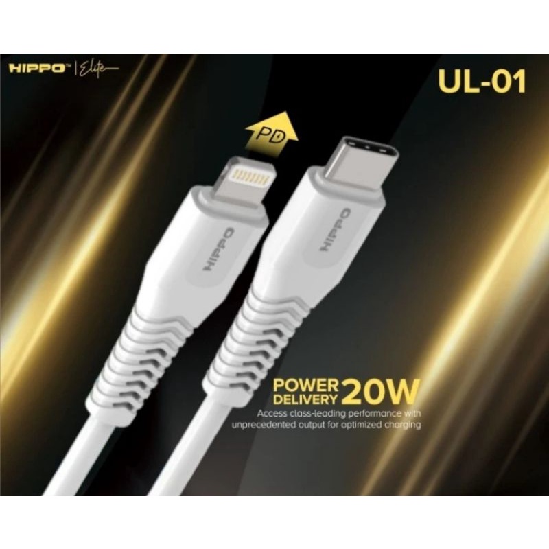 Cable Kabel Data Hippo Elite MFI UL-01 C To Lightning PD 20W 36W 120CM - Putih