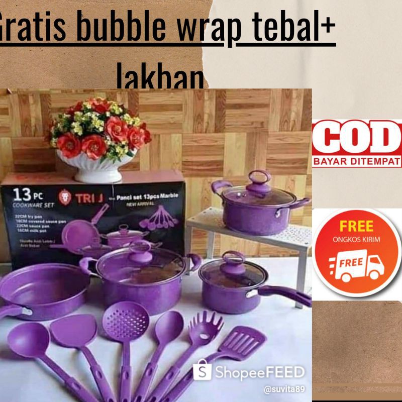 ( BISA COD Bayar Di Tempat) Panci Teflon Set 13 Pcs Tri J Marble Warna Ungu dan Biru