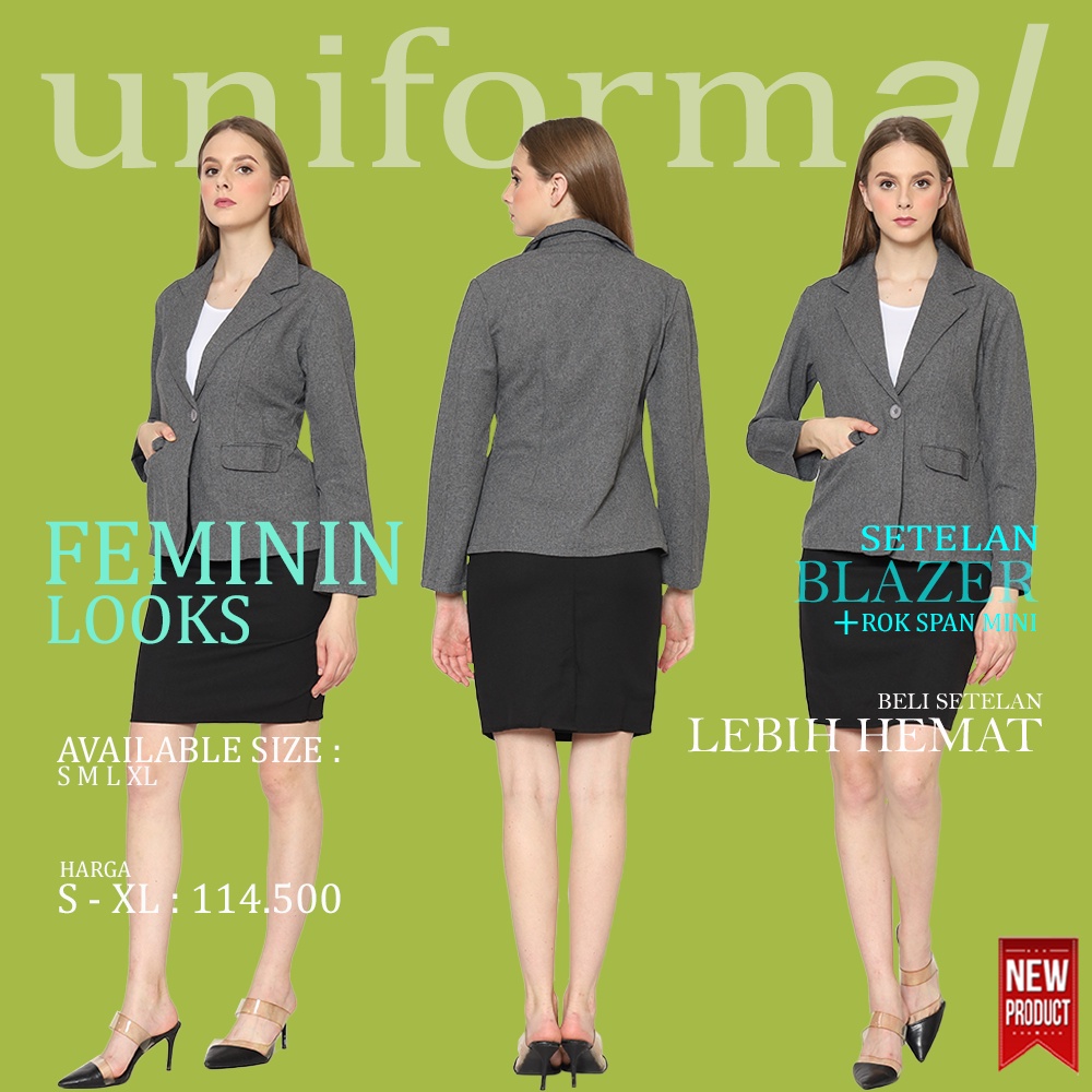Setelan Blazer Formal Dan Rok Mini 3/4 Hitam Dan Abu Blezer Wanita Satu One Set Bahan Gabardine