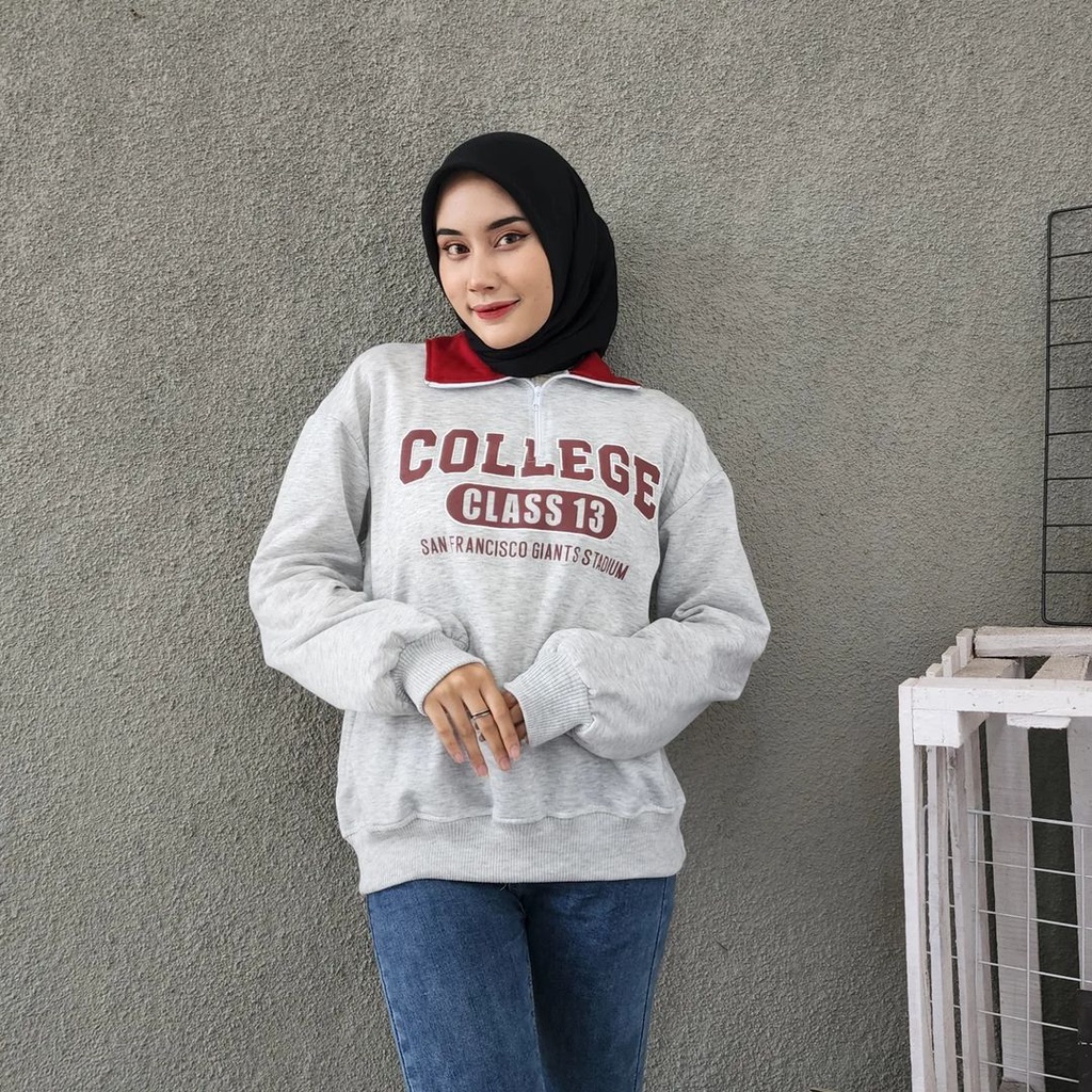 COLLEGE 13  Sweater Crewneck Berkerah Oversize-Outerwear Pria Wanita Terbaru Fashion Terkini Korean Style