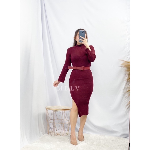 MDLV ~ BAJU RAJUT DRESS LP BELT ( FREE BELT) // KNIT LONG DRESS // DRESS RAJUT LENGAN PANJANG