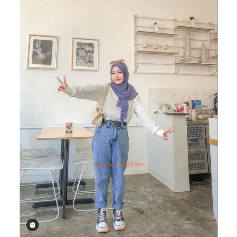 celana jeans baggy wanita highwaist karet stretch melar putih hijau white biru snow black Felicity Boyfriend