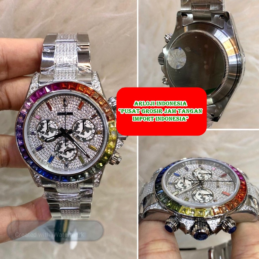 Mega Sale Jam Tangan Pria ROLEX Daytona Rainbow Diamond Silver SWISS ETA 1:1 Garansi 1th