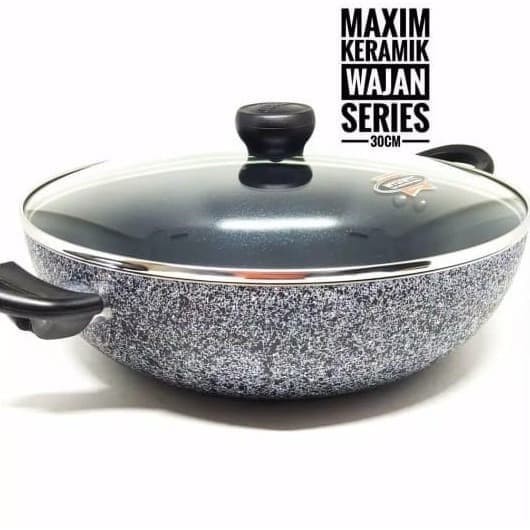 MAXIM NEOSTONE Wajan Kuali Keramik 30 cm WOK - Kuali Anti Lengket Marble Ceramic / Panci keramik + tutup Kaca