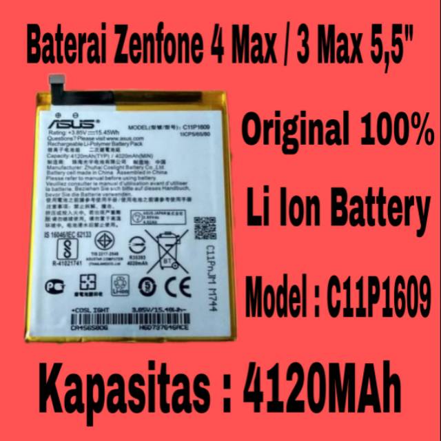 Baterai Asus Zenfone 4 Max 5.2&quot; ZC520KL Battery Zen 3 Max 5.5&quot; Batre Original 100% Batteri Asli