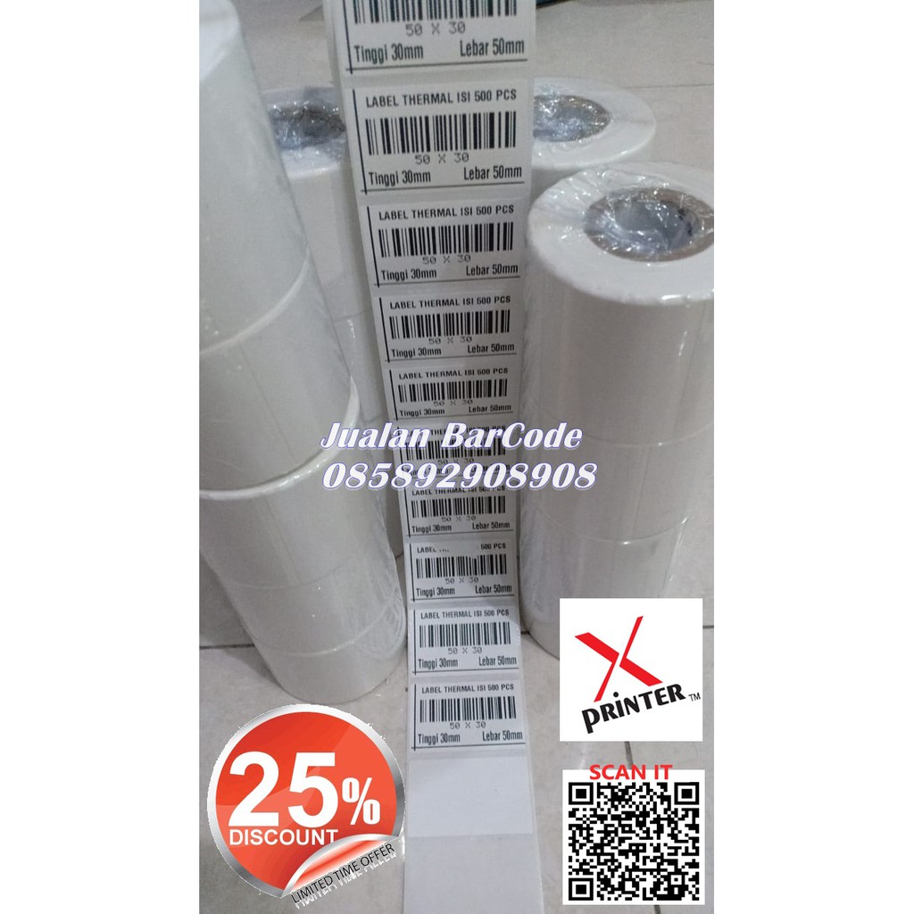 

KERTAS LABEL STIKER THERMAL 50x30 | 50 x 30 1 BARIS Printer Barcode XPrinter 360B 370B ( ISI 500 DAN ISI 1000 PCS )