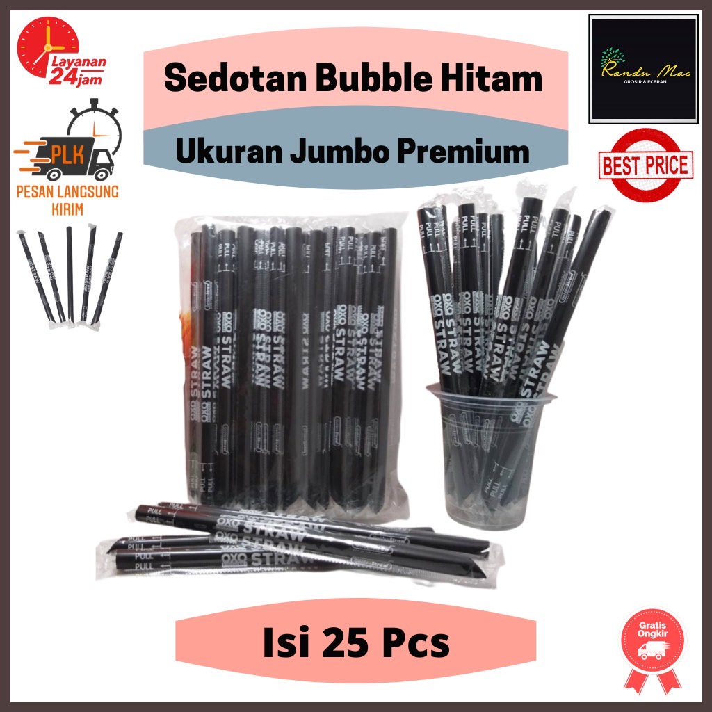 Sedotan Plastik Jumbo Hitam Sedotan Steril Bubble Boba Straw Panjang Runcing Merk OXO 12mm Higienis