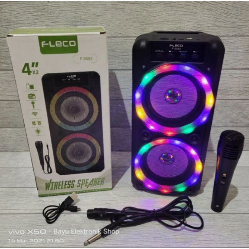 SPEAKER BLUETOOTH FLECO X-BASS F-6582 PLUS MIC KARAOKE//SALON AKITIF FLECO F-6582 LED X-BASS