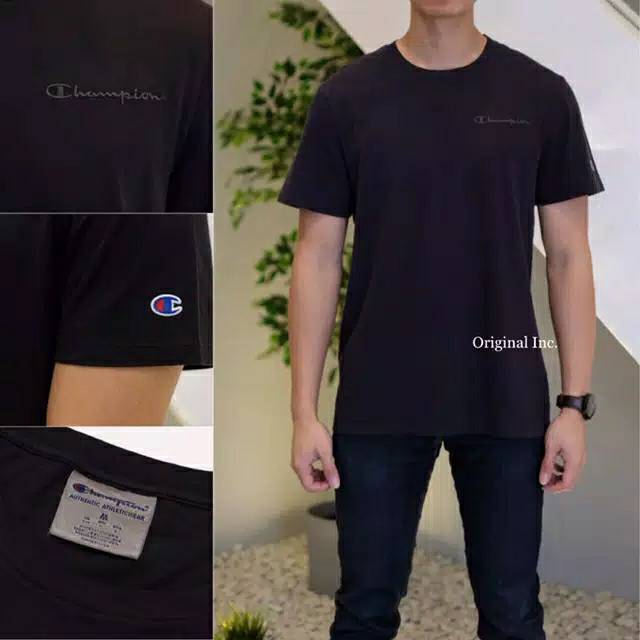 Kaos Polos Champion Original Vintage Garment Dye Embroidered Logo SS Tee Black