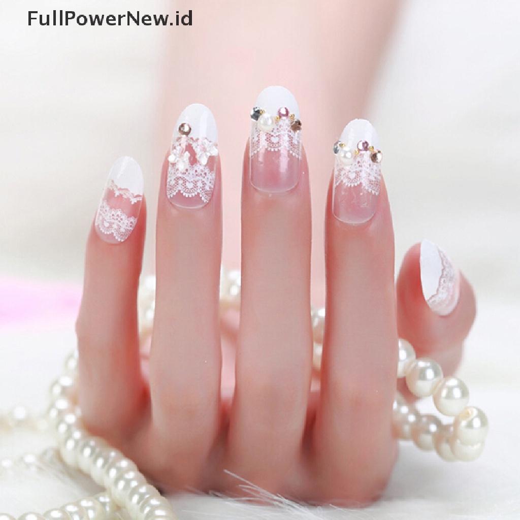 24 Pcs Kuku Palsu Bahan Akrilik Aksen Kristal Gaya Perancis Untuk Nail Art