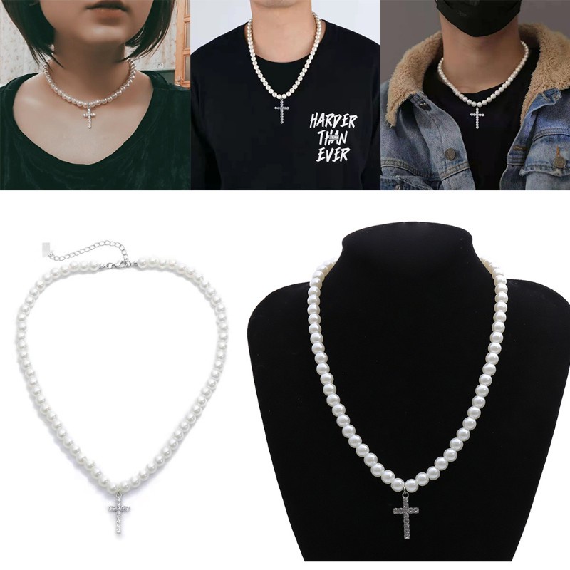Glitter Imitation Pearls Chain Vintage Artificial Diamond Cross Pendant Necklace Jewelry