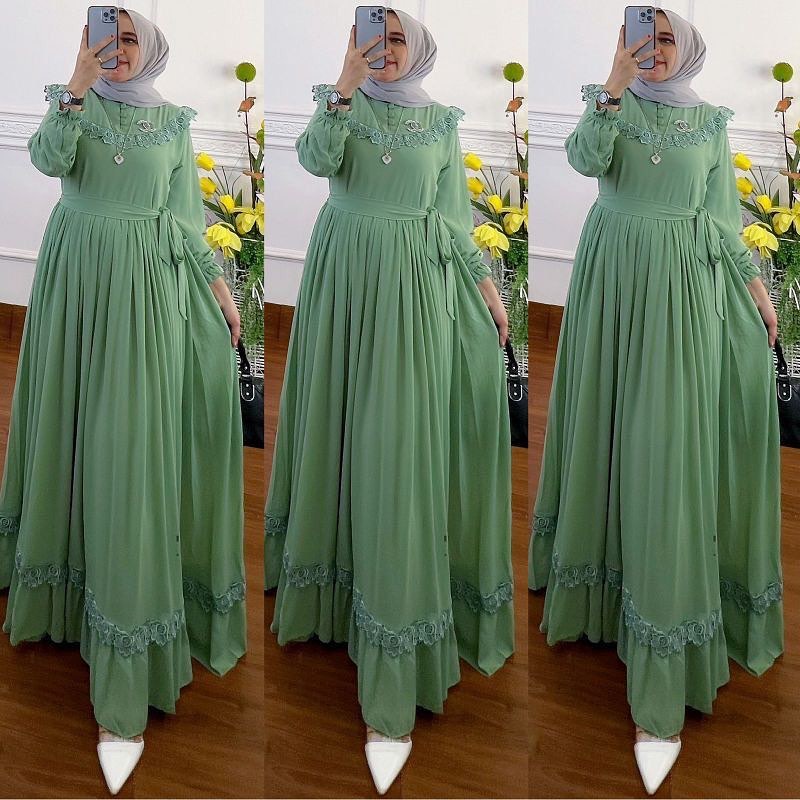 Naraya Dress / Rauna Dress / Gamis Wanita Terbaru Matt Ceruty + Furing Aplikasi Renda / Fashion Muslimah Kekinian / Terlaris / EF-4