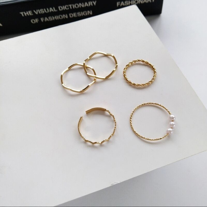 5pcs / Set Cincin Model Terbuka Bahan Metal Alloy Desain Ombak + Mutiara Gaya Trendy / Elegan Untuk Wanita