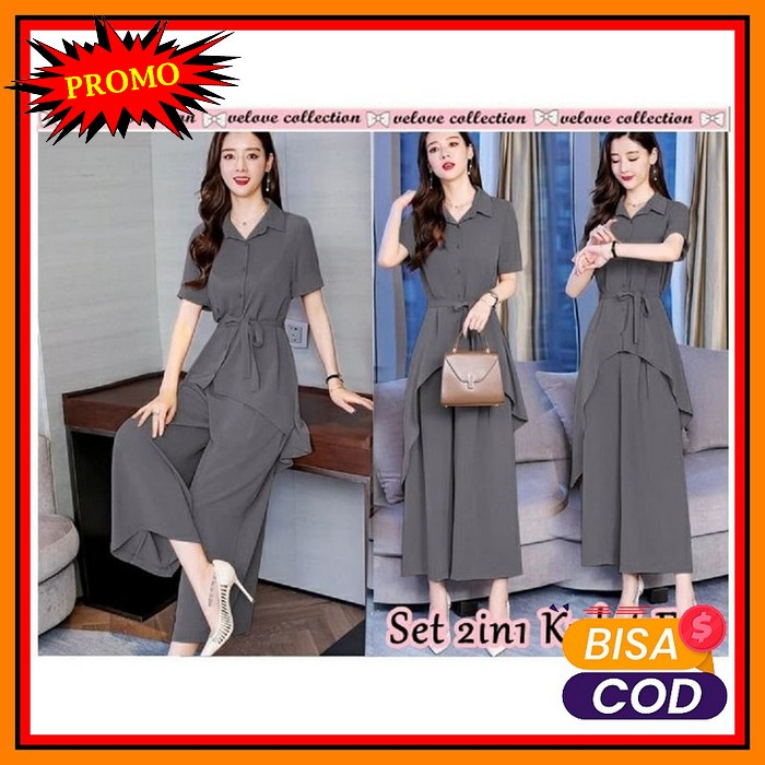 Gft Baju Setelan One Set Tunik Wanita Kekinian Wolfis Premium Kau JW594 Set Kulot Evi Abu [Setelan W
