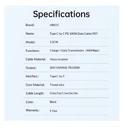 Cable Usb-c to type-c pd orico 2 meter L-shape 90 degree 5A 100w 480Mbps aluminum braided c2cw-20 - Kabel data charge 2m 200cm