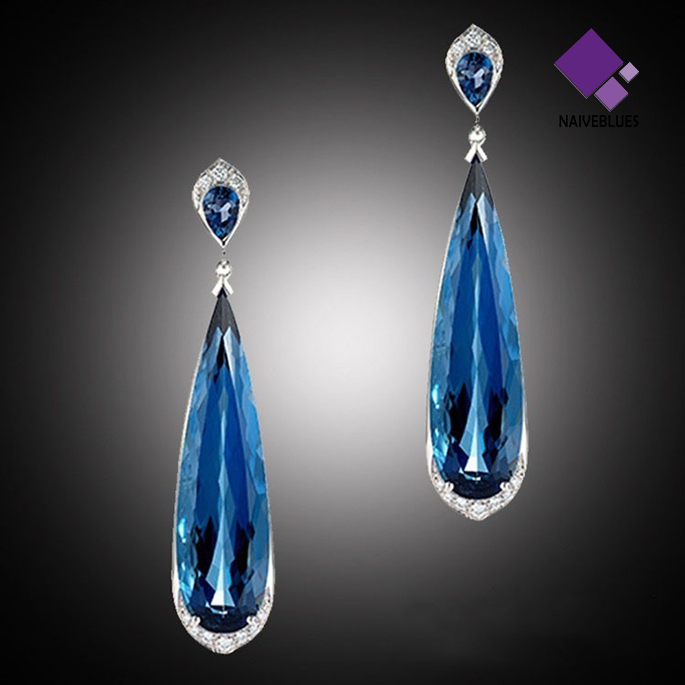 Anting Juntai Bentuk Water Drop Aksen Sapphire Gaya Elegan Untuk Wanita