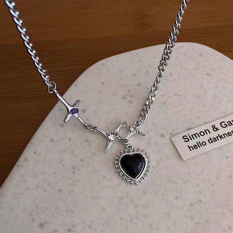 Kalung Rantai Choker Liontin Hati Bintang Kristal Warna Hitam Untuk Wanita