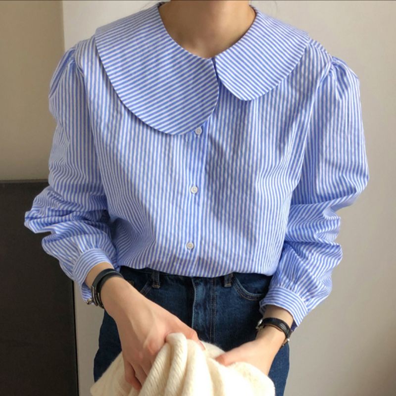 9789 Baju atasan kemeja blouse lengan panjang  putih polkadot polos  biru salur Korean style cewek i