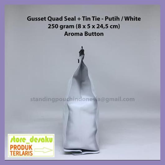 

57Ryr68- Kemasan Kopi Gusset Quad Seal 250 G (Tin Tie + Valve) Putih *Premium* 4E57Edu-