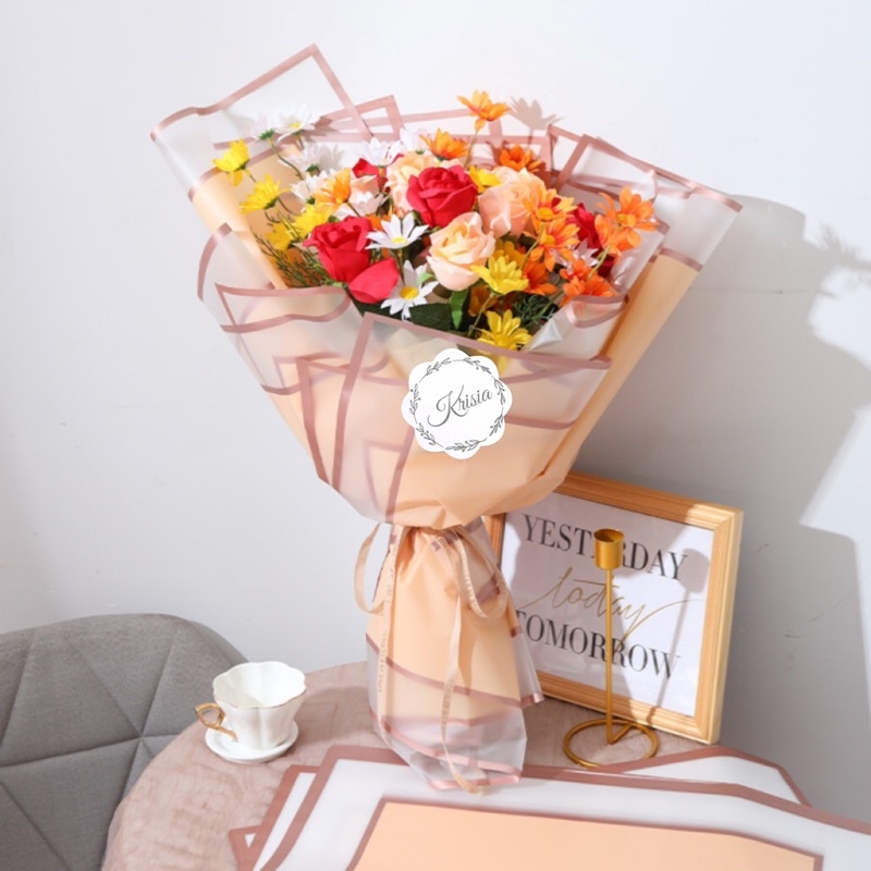 “”DOUBLE LINE GOLD“” FLOWER WRAPPING FRAME TRANSPARANT (ECER) TRANSPARENT CELLOPHANE KERTAS BUNGA HAND BOUQUET WATERPROOF