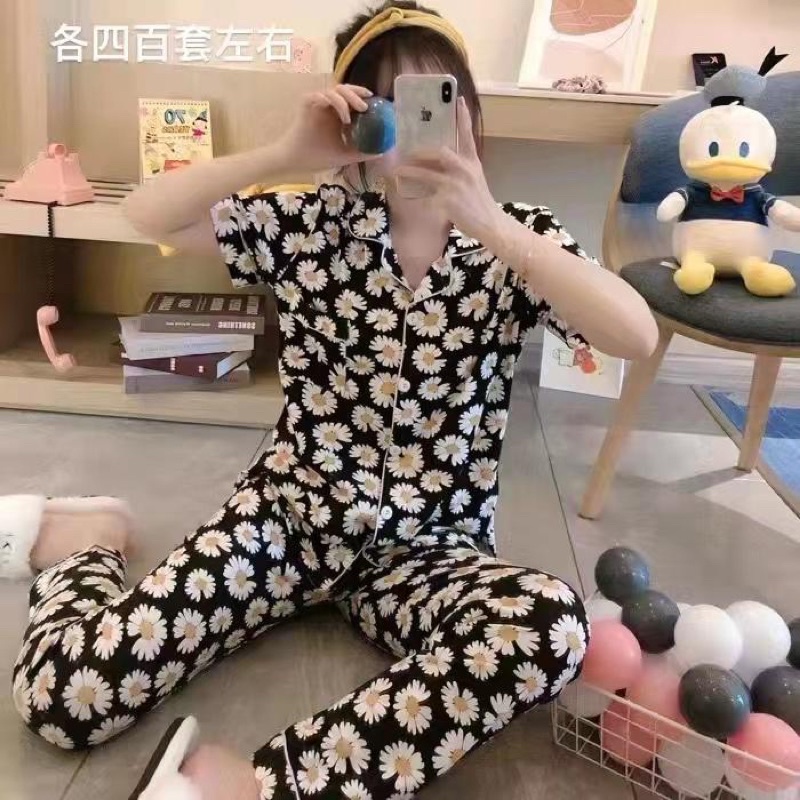 JC Piyama Set CP import / Piyama wanita CP / Piyama wanita Import murah-Full Daises Black CP