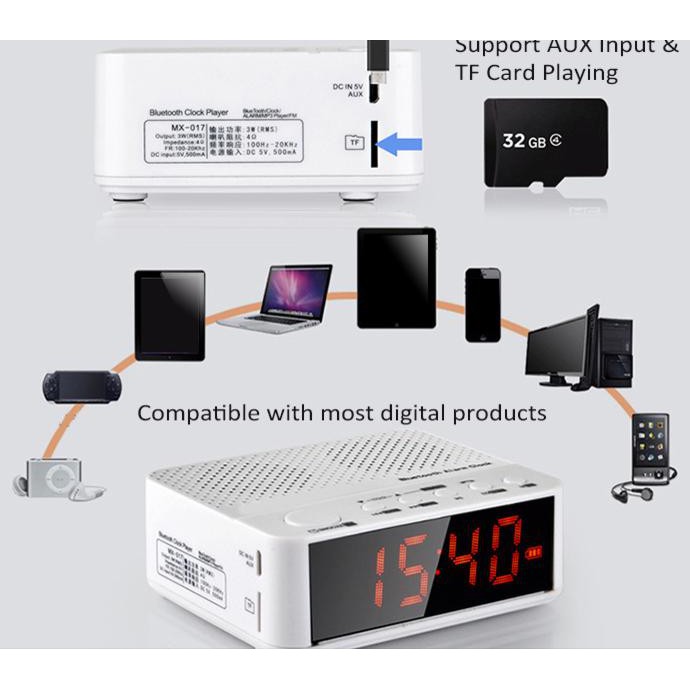 SPEAKER MINI BLUETOOTH + RADIO FM + JAM MEJA + JAM WEKER DIGITAL - HITAM