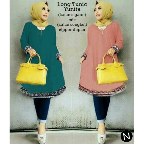cn 6460 long tunic yunita tunik kemeja batik songket etnik wanita murah simple elegan hijab muslim