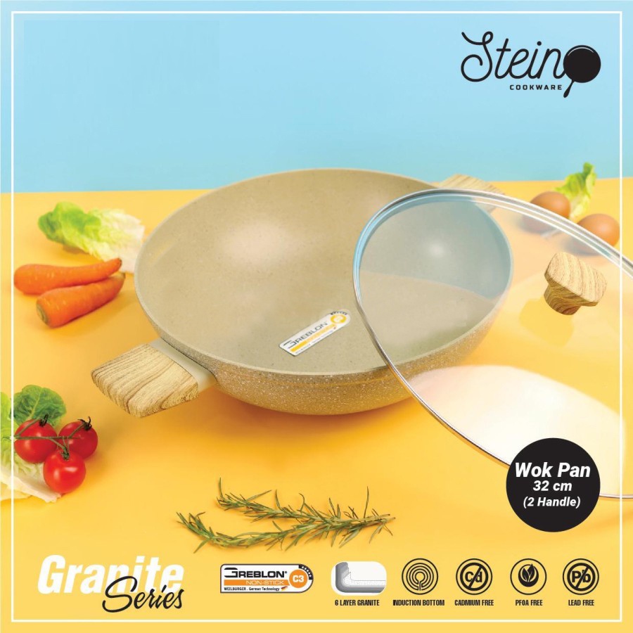 Steincookware Wok Pan 32cm 2 Handle + Lid Steincookware - Wajan Stein Original