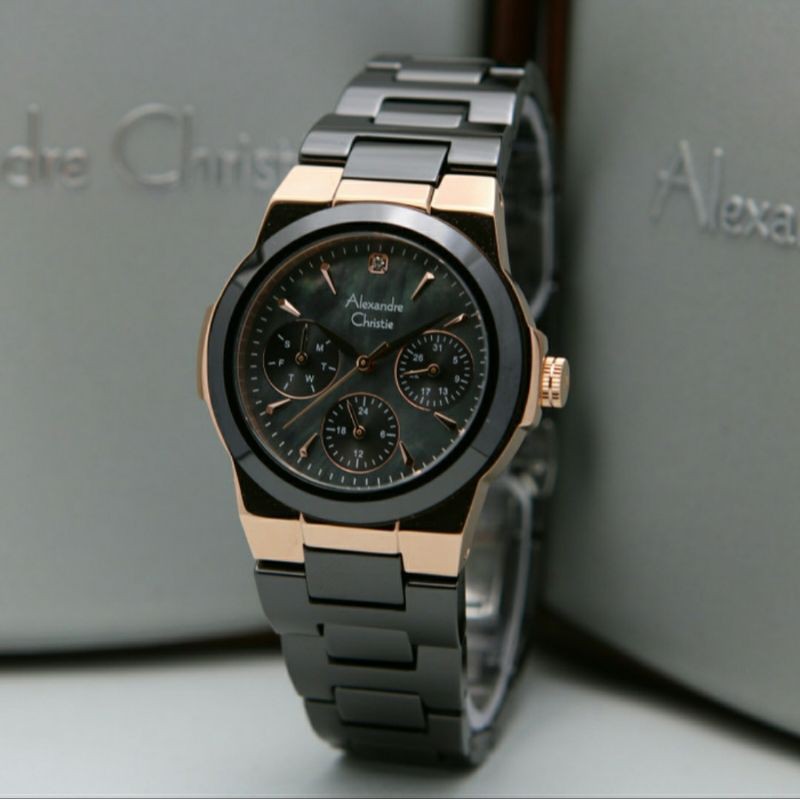 ORIGINAL JAM TANGAN WANITA ALEXANDRE CHRISTIE CEWEK ROSEGOLD BLACK KERAMIK ALEXANDER CRISTIE AC 2862