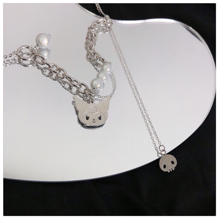 Kalung Rantai Dengan Liontin Kucing Aksen Mutiara Imitasi Gaya Hip Hop Untuk Wanita
