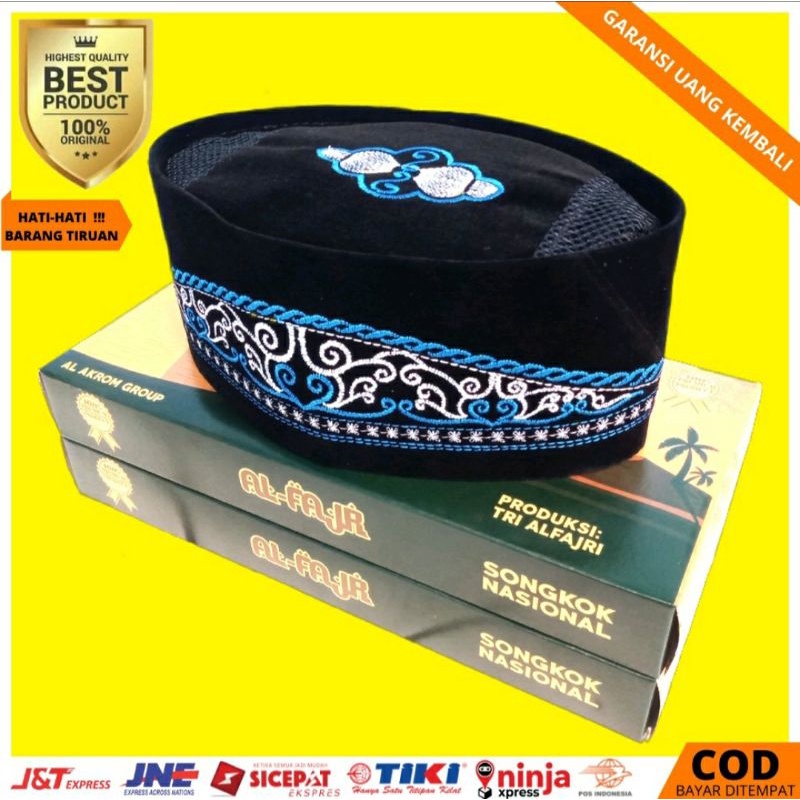 Peci Sangkok Kopiah Hitam Motif Batik Bordir Biru Original
